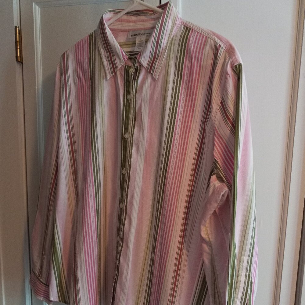 Women's Jones New York Sport 3X L/S Blouse 100% Cotton Button Up Pink Stripes
